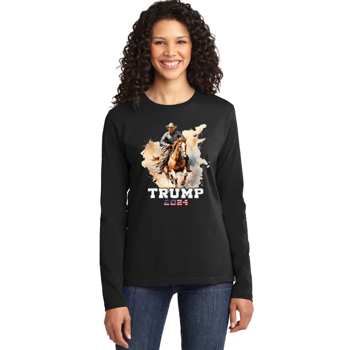 Trump Riding Horse American Flag Cowboy Ladies Long Sleeve Shirt