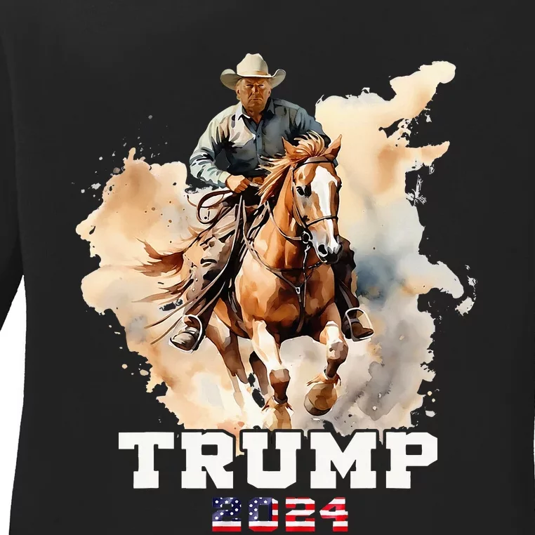 Trump Riding Horse American Flag Cowboy Ladies Long Sleeve Shirt