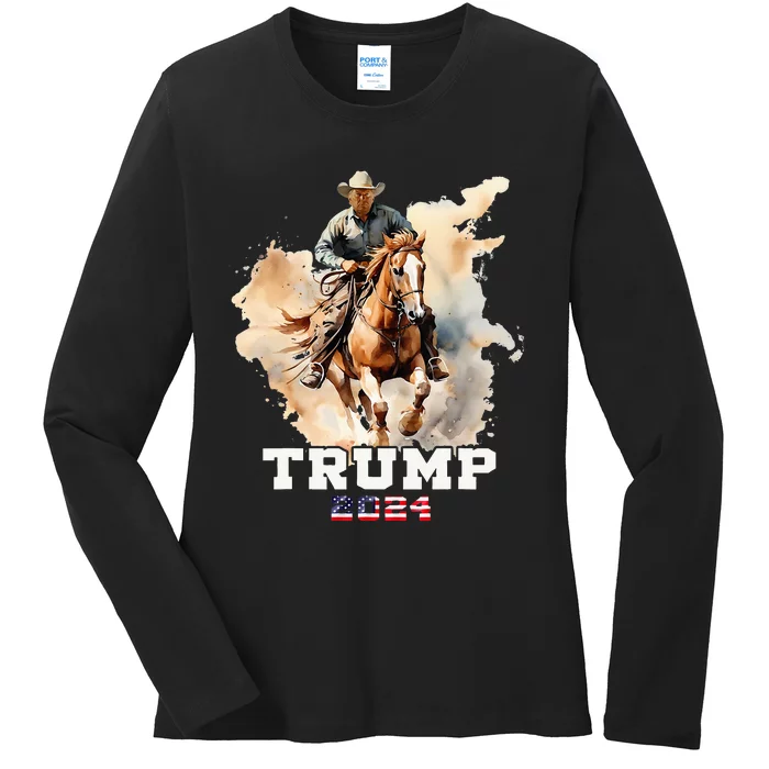 Trump Riding Horse American Flag Cowboy Ladies Long Sleeve Shirt