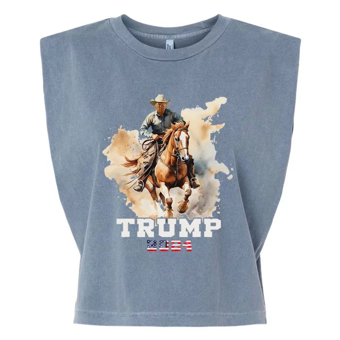 Trump Riding Horse American Flag Cowboy Design Garment-Dyed Women's Muscle Tee