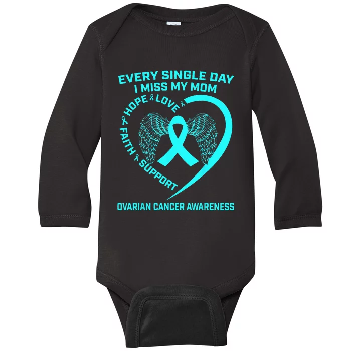 Teal Ribbon In Memory Of My Mom Ovarian Cancer Awareness Baby Long Sleeve Bodysuit