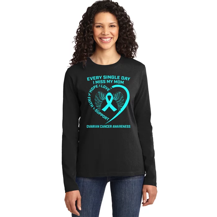 Teal Ribbon In Memory Of My Mom Ovarian Cancer Awareness Ladies Long Sleeve Shirt