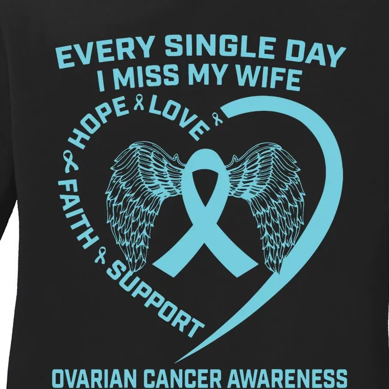 Teal Ribbon In Memory Of My Wife Ovarian Cancer Awareness Ladies Long Sleeve Shirt