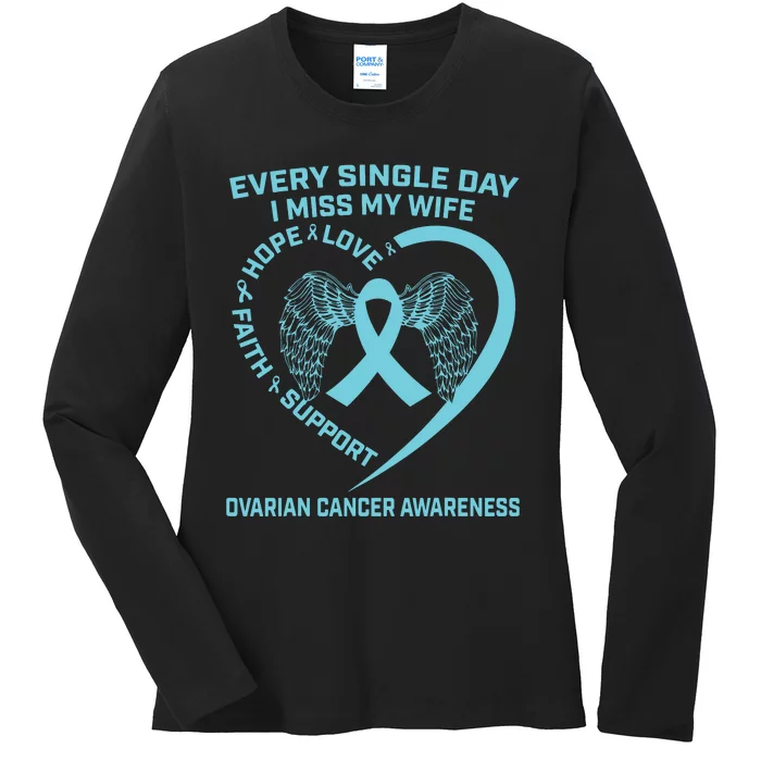 Teal Ribbon In Memory Of My Wife Ovarian Cancer Awareness Ladies Long Sleeve Shirt