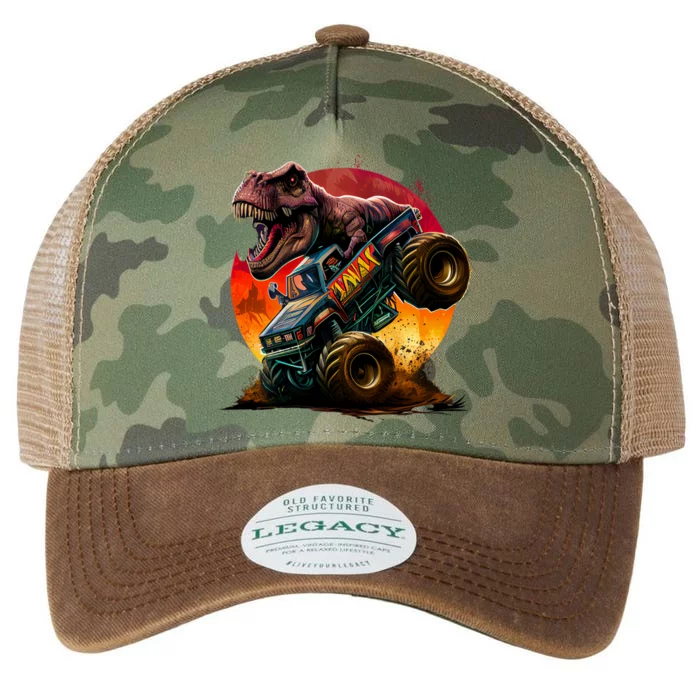 T Rex In Monster Truck With Sunset Legacy Tie Dye Trucker Hat