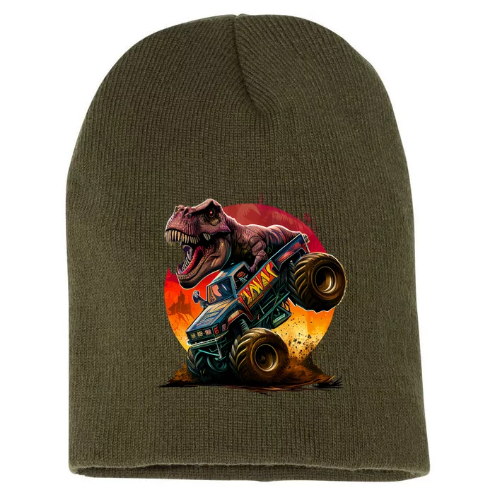 T Rex In Monster Truck With Sunset Short Acrylic Beanie