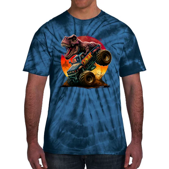 T Rex In Monster Truck With Sunset Tie-Dye T-Shirt