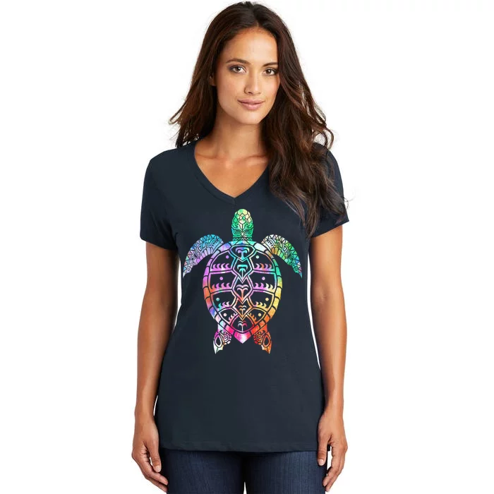 Tribal Colorful Turtle Women's V-Neck T-Shirt