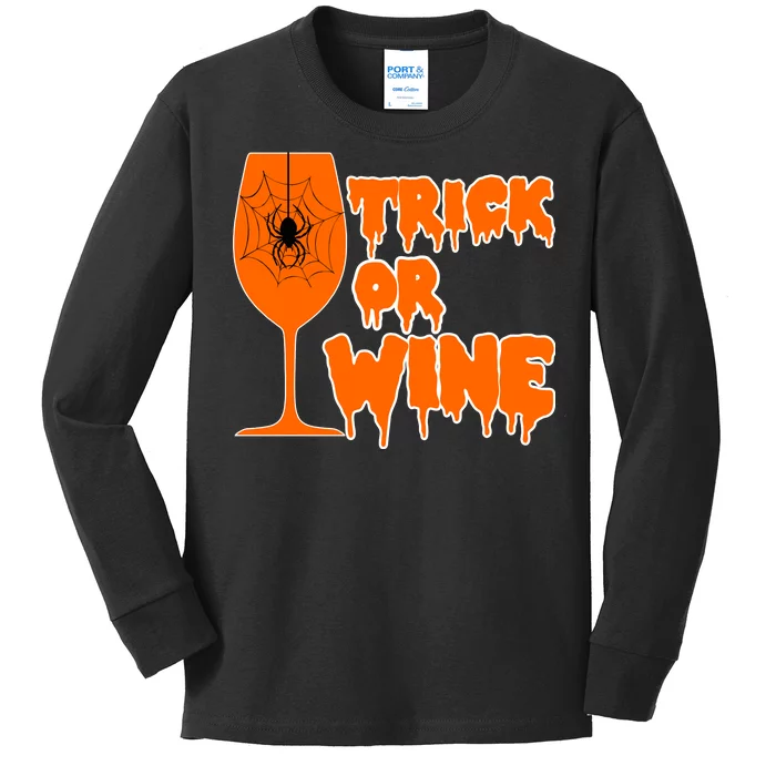 Trick or Wine Halloween Spider Web Kids Long Sleeve Shirt