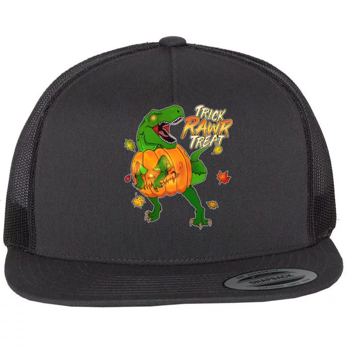 Trick RAWR Treat T-Rex Funny Halloween Flat Bill Trucker Hat