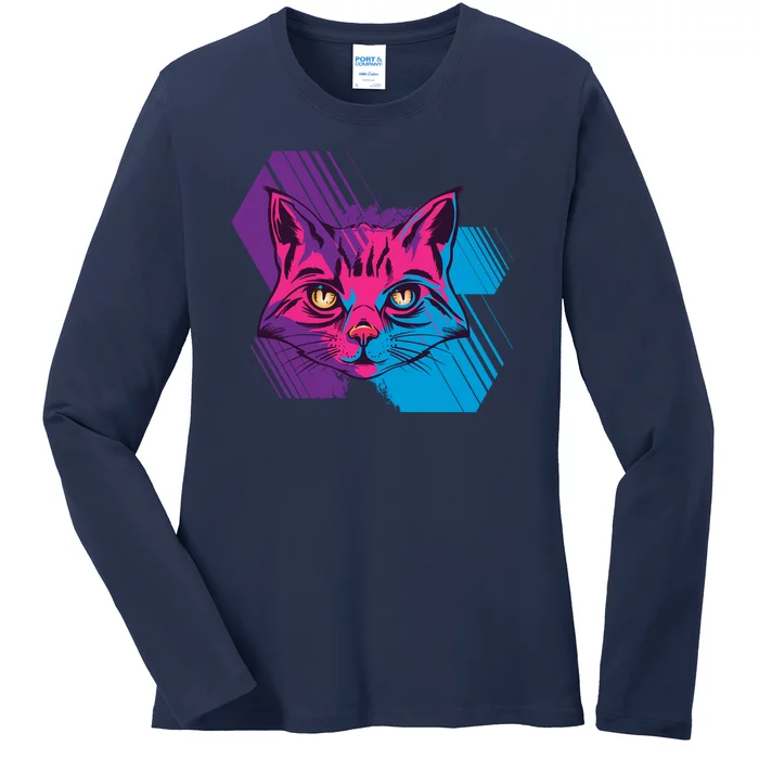 Trippy Cat Face Ladies Long Sleeve Shirt