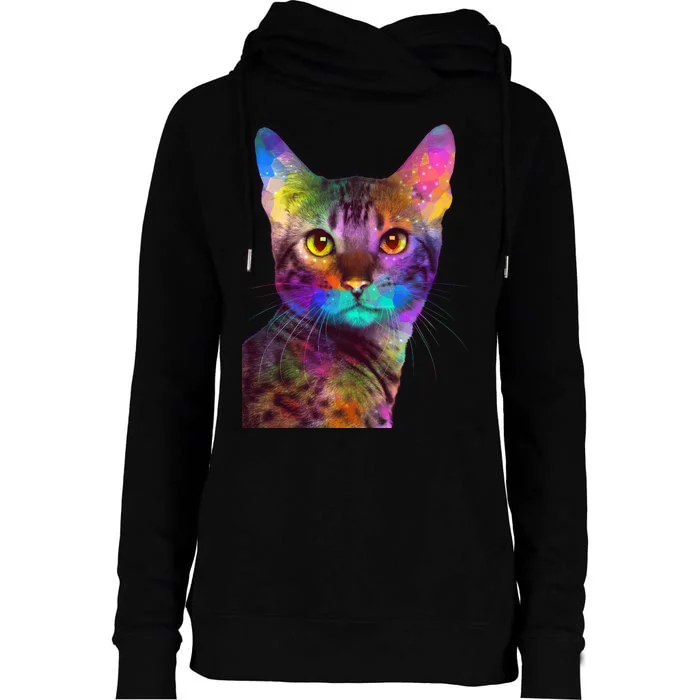 Trippy Colorful Cat Womens Funnel Neck Pullover Hood