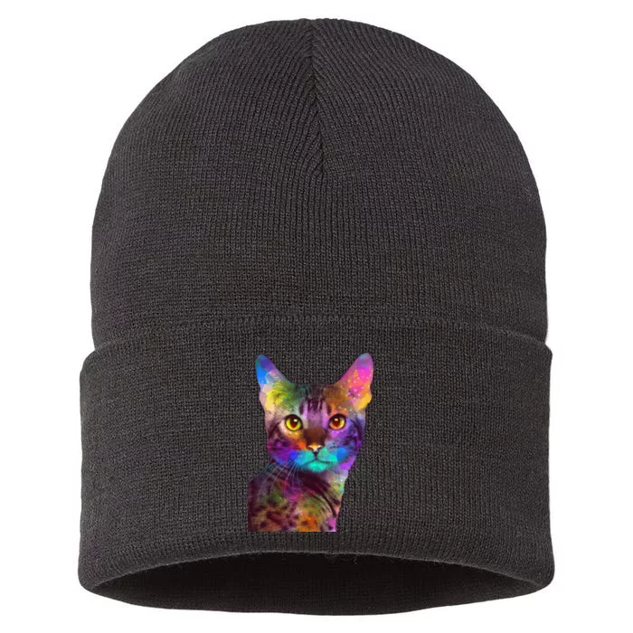 Trippy Colorful Cat Sustainable Knit Beanie