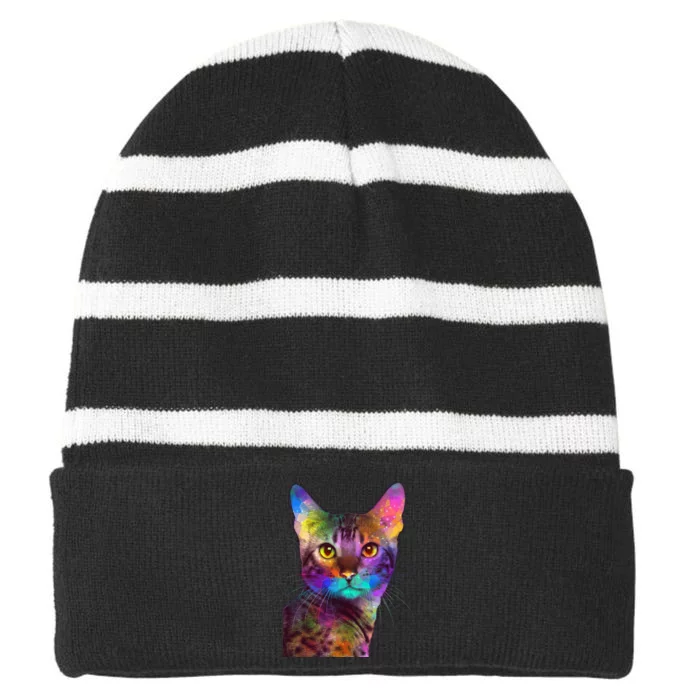 Trippy Colorful Cat Striped Beanie with Solid Band