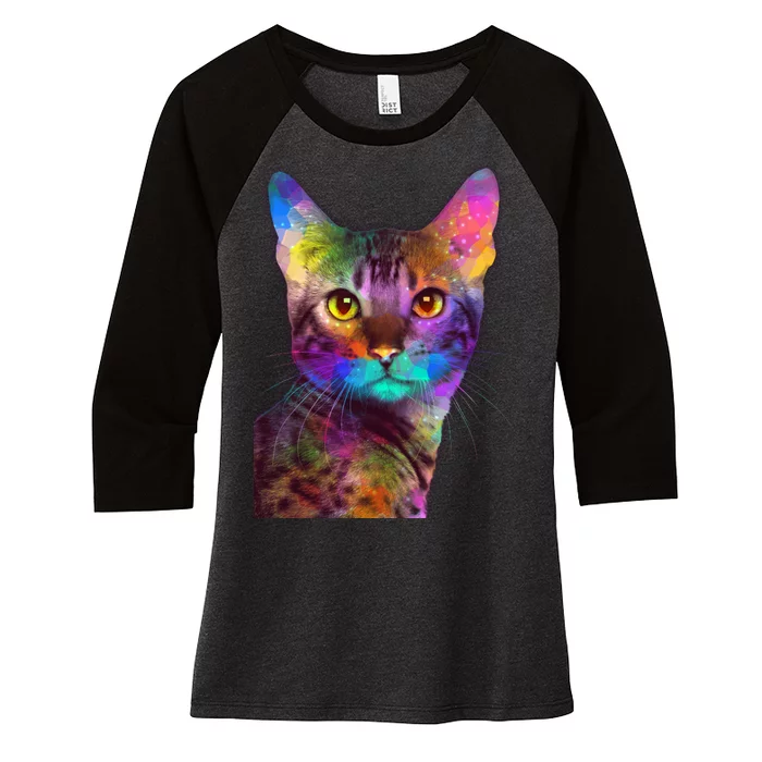 Trippy Colorful Cat Women's Tri-Blend 3/4-Sleeve Raglan Shirt