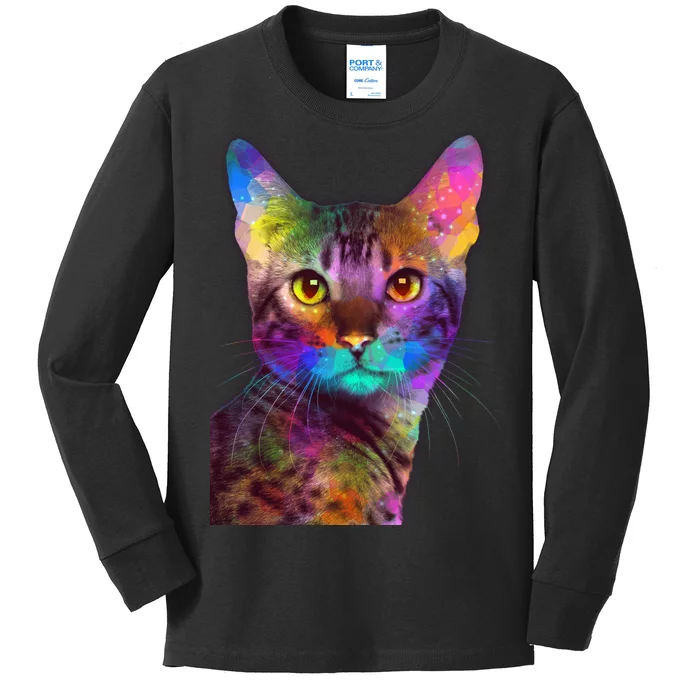 Trippy Colorful Cat Kids Long Sleeve Shirt