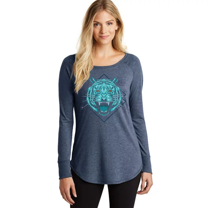 Trippy Cyan Tiger Graphic Women's Perfect Tri Tunic Long Sleeve Shirt