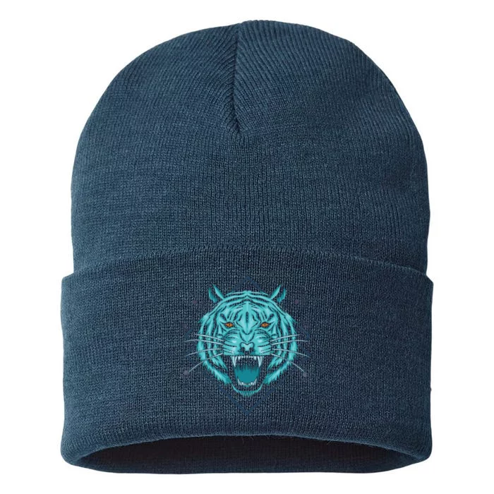 Trippy Cyan Tiger Graphic Sustainable Knit Beanie