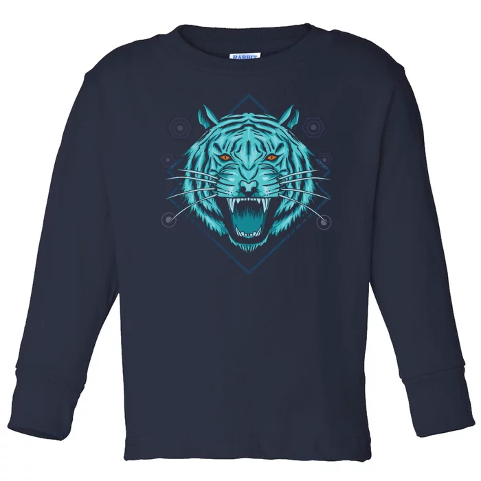 Trippy Cyan Tiger Graphic Toddler Long Sleeve Shirt