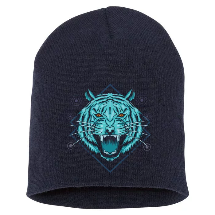 Trippy Cyan Tiger Graphic Short Acrylic Beanie