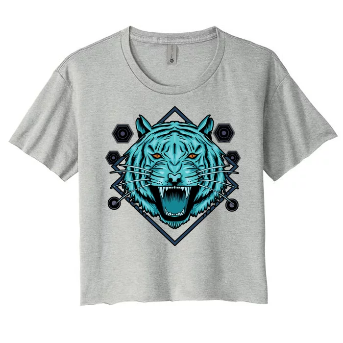 Trippy Cyan Tiger Graphic Women's Crop Top Tee