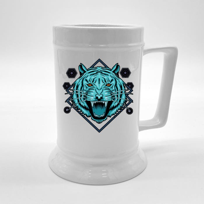 Trippy Cyan Tiger Graphic Front & Back Beer Stein