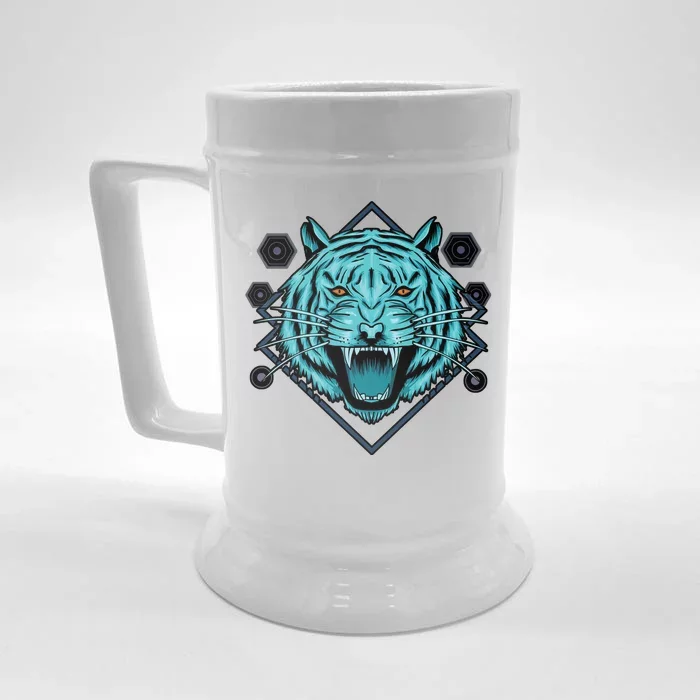 Trippy Cyan Tiger Graphic Front & Back Beer Stein