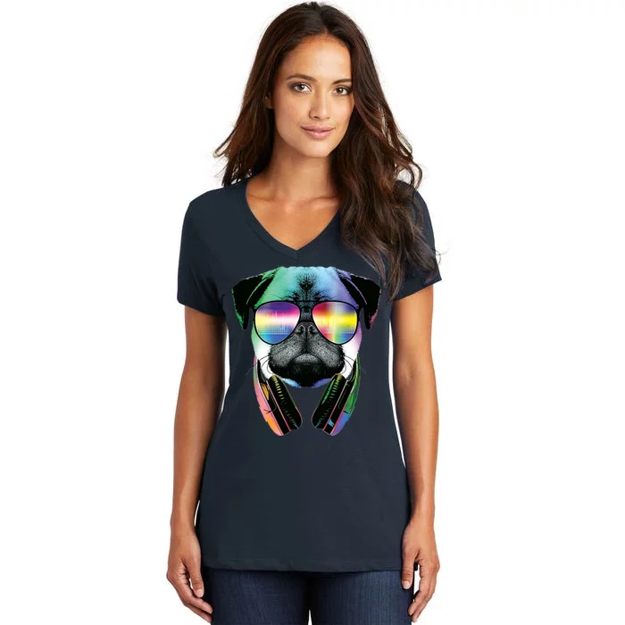 Trippy DJ Pug Women's V-Neck T-Shirt