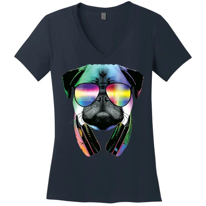 Trippy DJ Pug Women's V-Neck T-Shirt