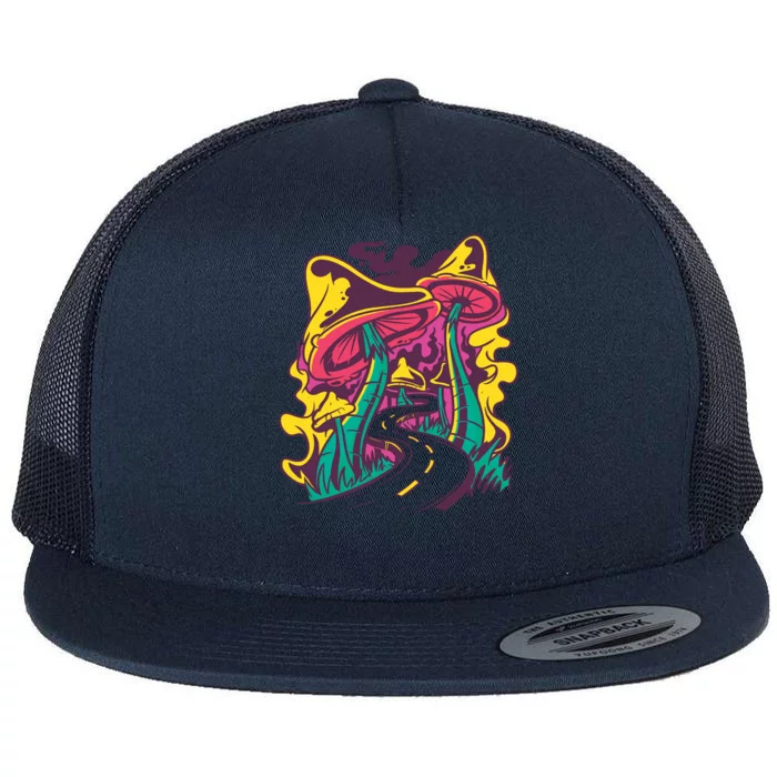 Trippy Mushroom Road Flat Bill Trucker Hat