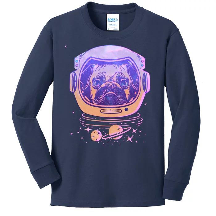 Trippy Space Colors Astronaut Pug Dog Kids Long Sleeve Shirt