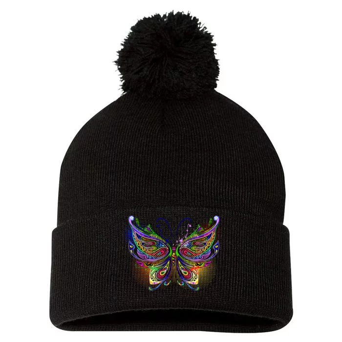 Trippy Variegated Butterfly Pom Pom 12in Knit Beanie