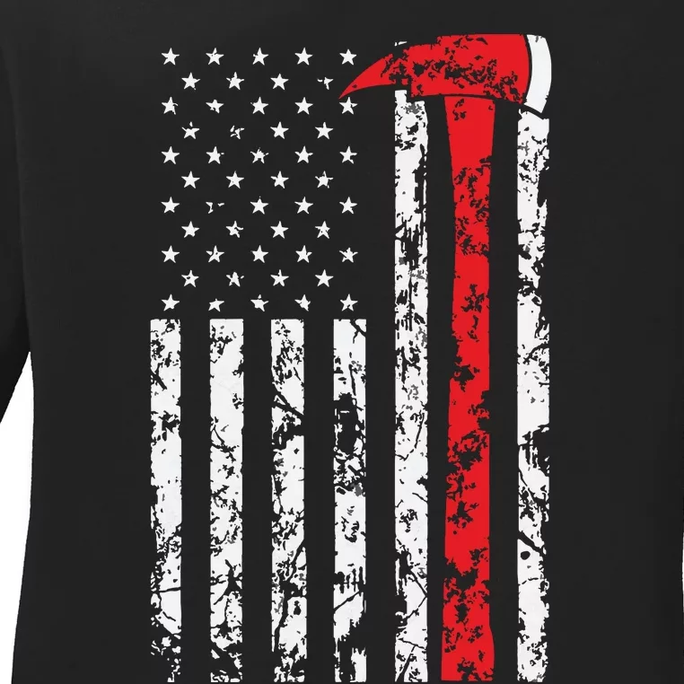 Thin Red Line Axe American Flag Patriot Firefighter Gift Ladies Long Sleeve Shirt