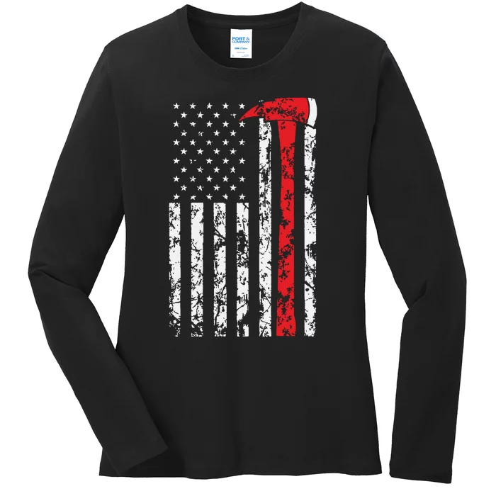 Thin Red Line Axe American Flag Patriot Firefighter Gift Ladies Long Sleeve Shirt