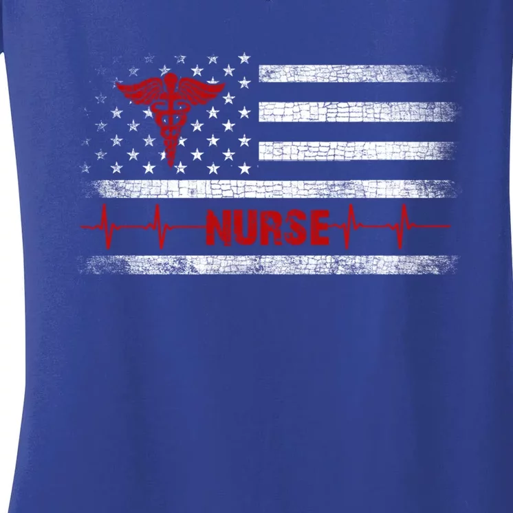 Thin Red Line Usa Us Flag Heartbeat Pride Nurse Gift Women's V-Neck T-Shirt