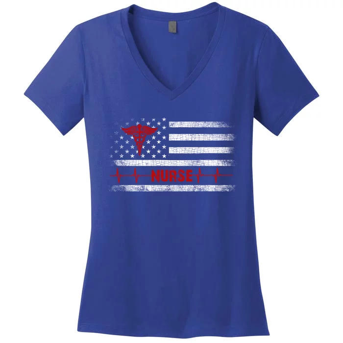 Thin Red Line Usa Us Flag Heartbeat Pride Nurse Gift Women's V-Neck T-Shirt