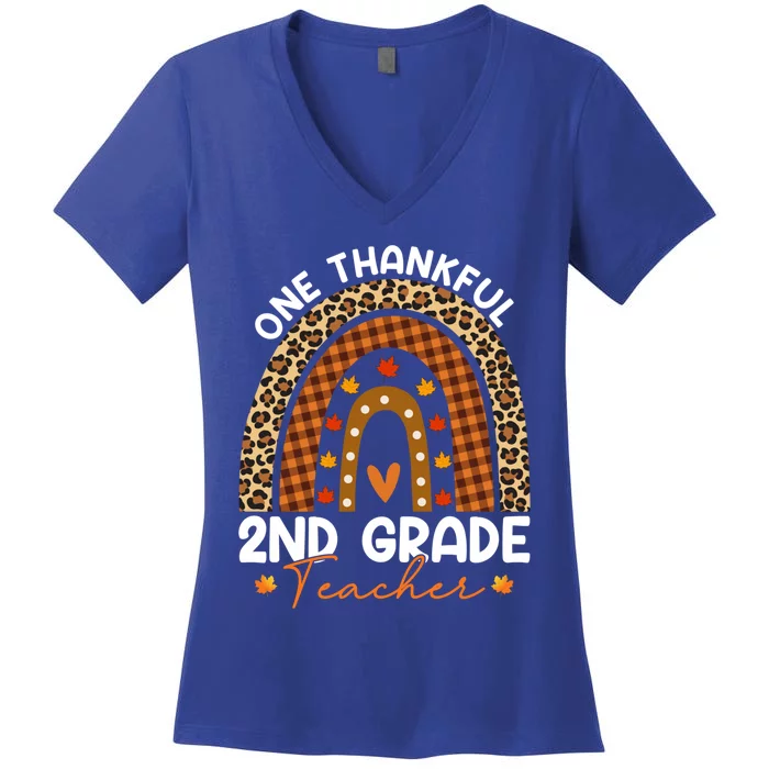 Thanksgiving Rainbow Leopard One Thankful 2nd Grade Teacher Gift Women's V-Neck T-Shirt