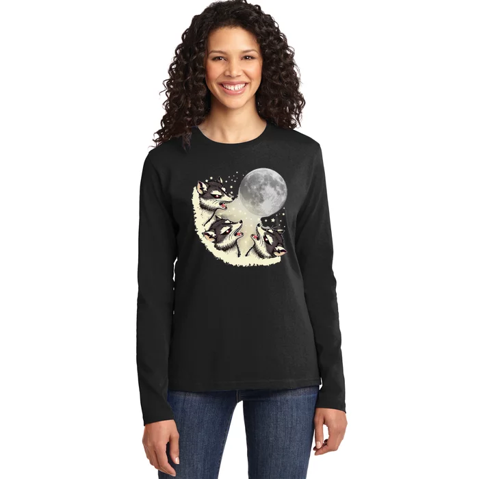 Three Raccoon Moon With 3 Raccoons Ladies Long Sleeve Shirt