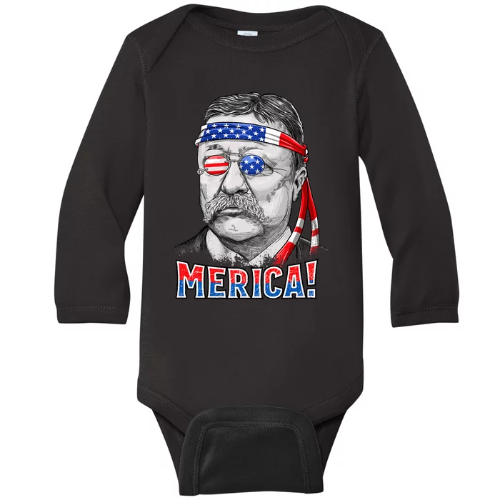 Theodore Roosevelt Merica 4th July Usa Us President Baby Long Sleeve Bodysuit