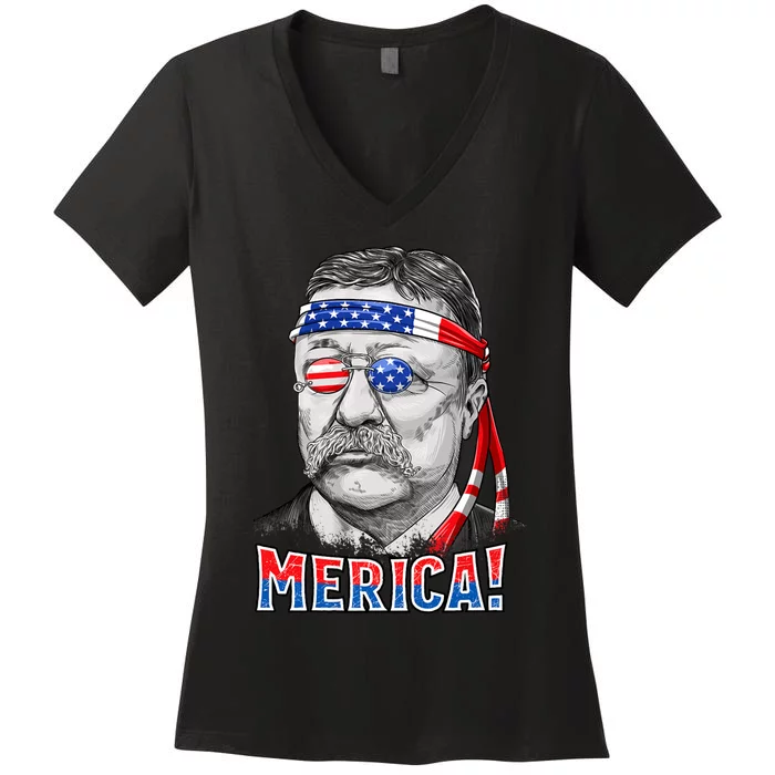 Theodore Roosevelt Merica 4th July Usa Us President Women's V-Neck T-Shirt