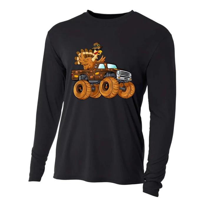 Turkey Riding Monster Truck Boy Thanksgiving Cooling Performance Long Sleeve Crew