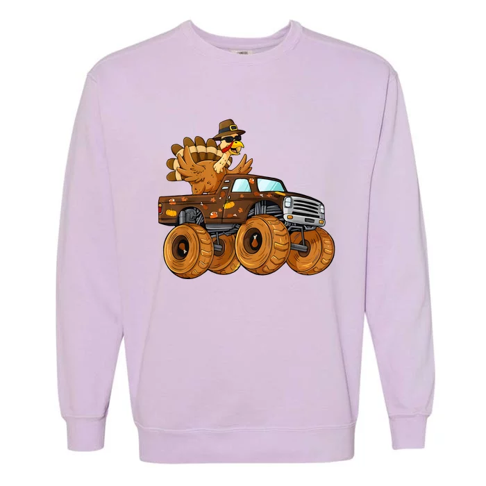 Turkey Riding Monster Truck Boy Thanksgiving Garment-Dyed Sweatshirt