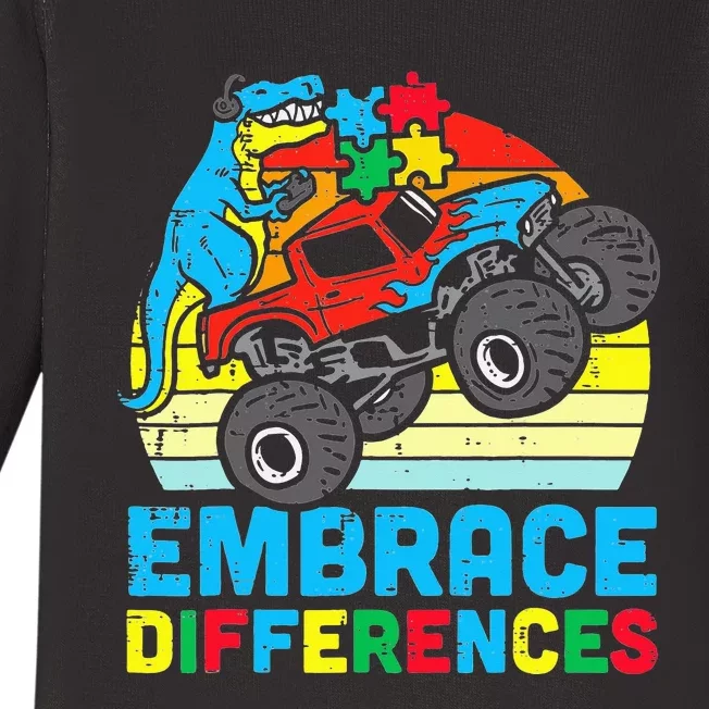 T rex Monster Truck Embrace Differences Autism Awareness Baby Long Sleeve Bodysuit