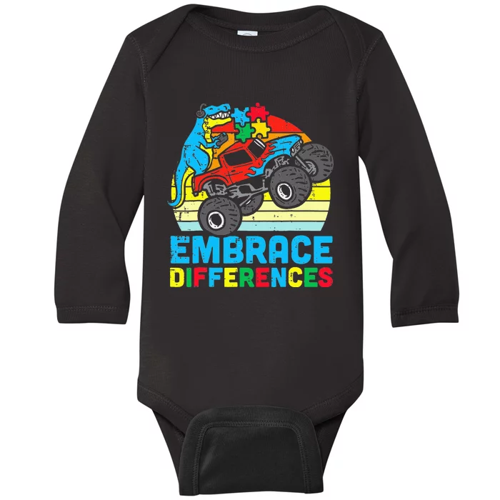 T rex Monster Truck Embrace Differences Autism Awareness Baby Long Sleeve Bodysuit