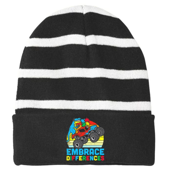 T rex Monster Truck Embrace Differences Autism Awareness Striped Beanie with Solid Band