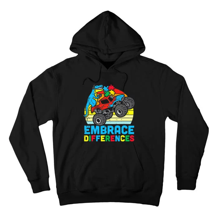 T rex Monster Truck Embrace Differences Autism Awareness Tall Hoodie