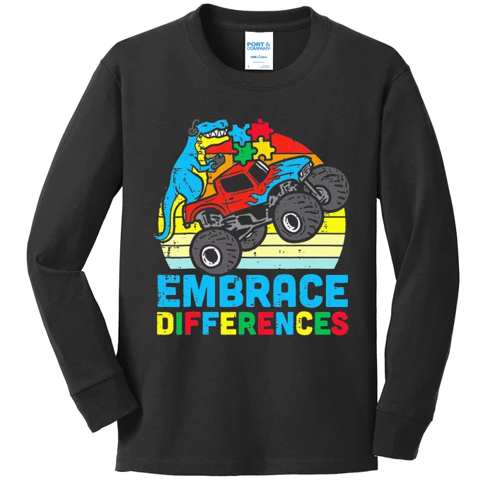 T rex Monster Truck Embrace Differences Autism Awareness Kids Long Sleeve Shirt