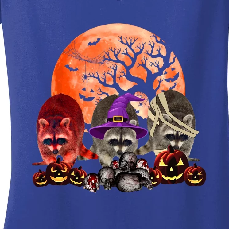 Three Raccoon Mummy Witch Pumpkin Pet Lover Halloween Gift Women's V-Neck T-Shirt