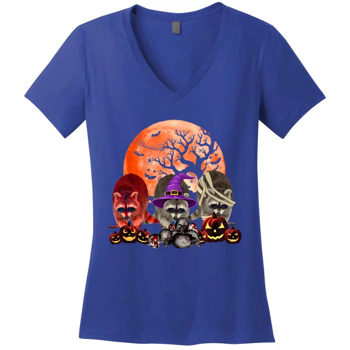 Three Raccoon Mummy Witch Pumpkin Pet Lover Halloween Gift Women's V-Neck T-Shirt