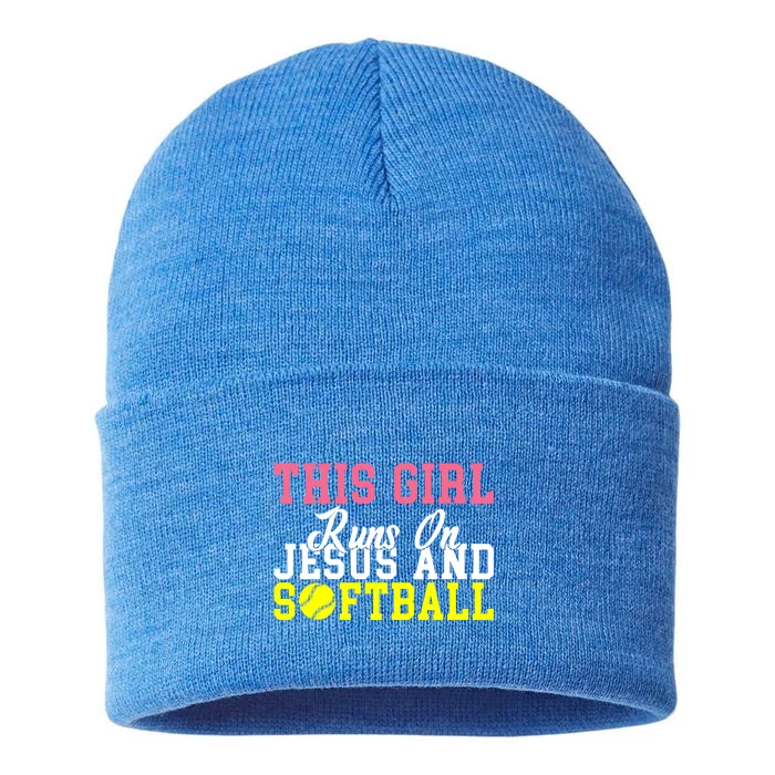 This Runs On Jesus And Softball Gift Sustainable Knit Beanie